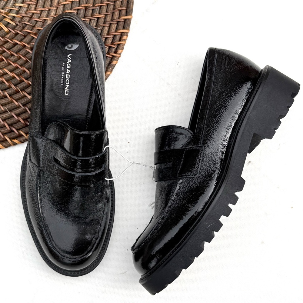 Vagabond Womens Shoes Black Debossed-Logo Loafers Shiny Lug Sole Size 38 8